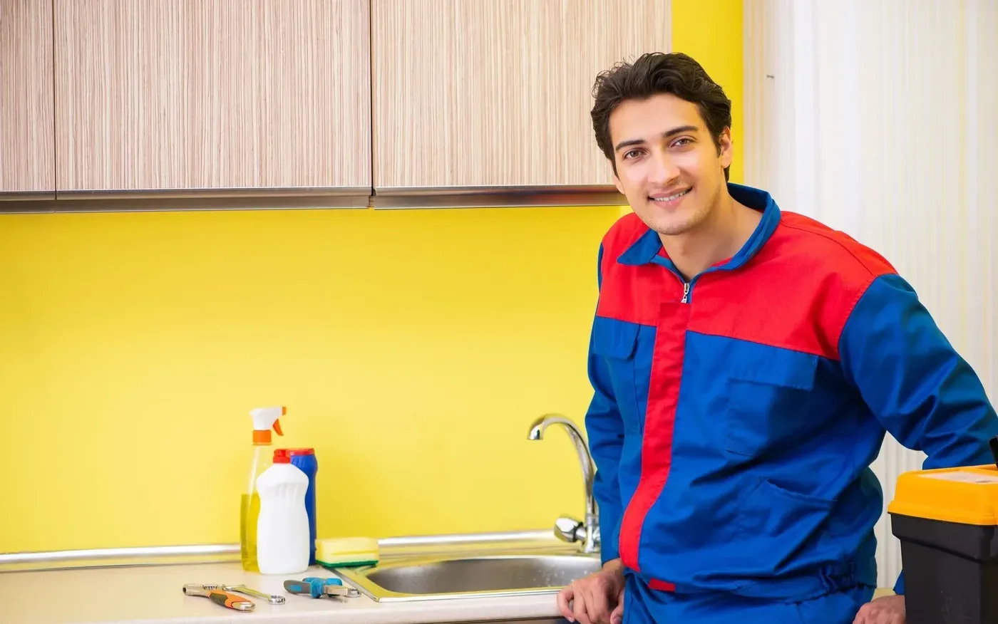 Plombier intervenant sur la robinetterie d'une cuisine à Bezons