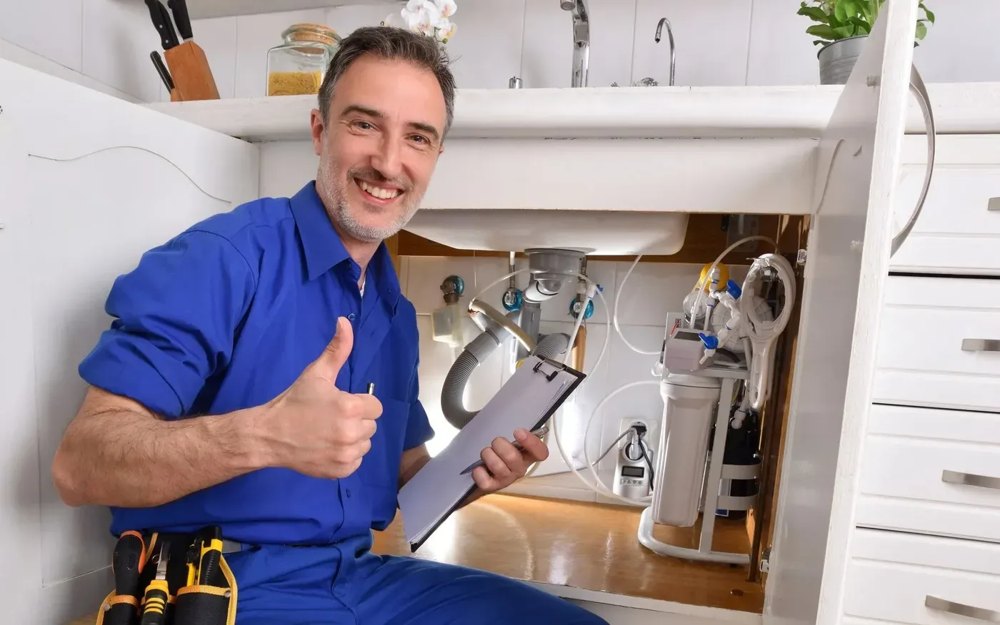 Plombier souriant après une réparation de robinetterie à Bezons (95870)